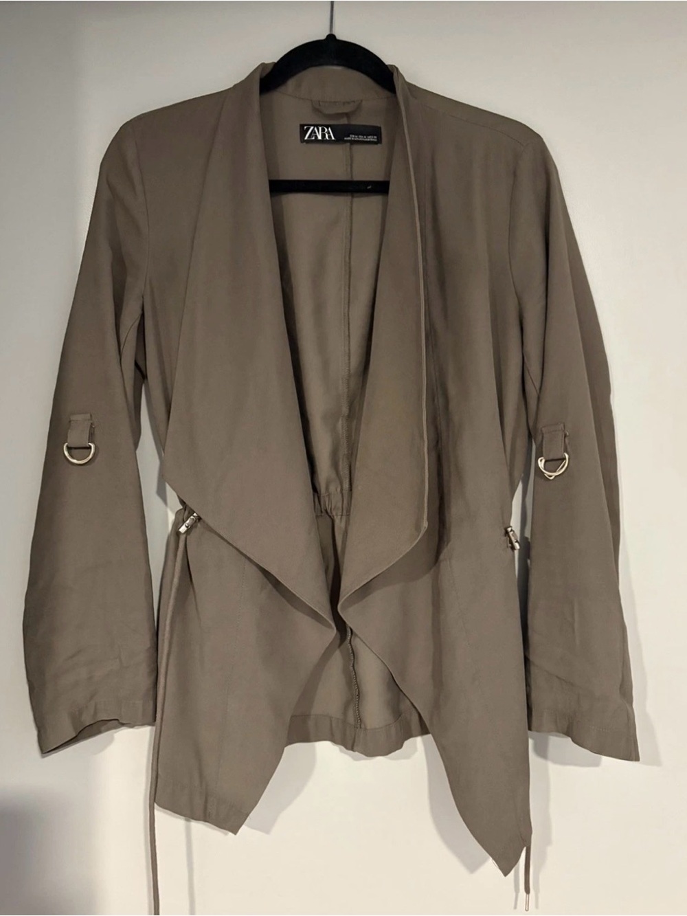 Zara Olive Green Draped Open Front Jacket